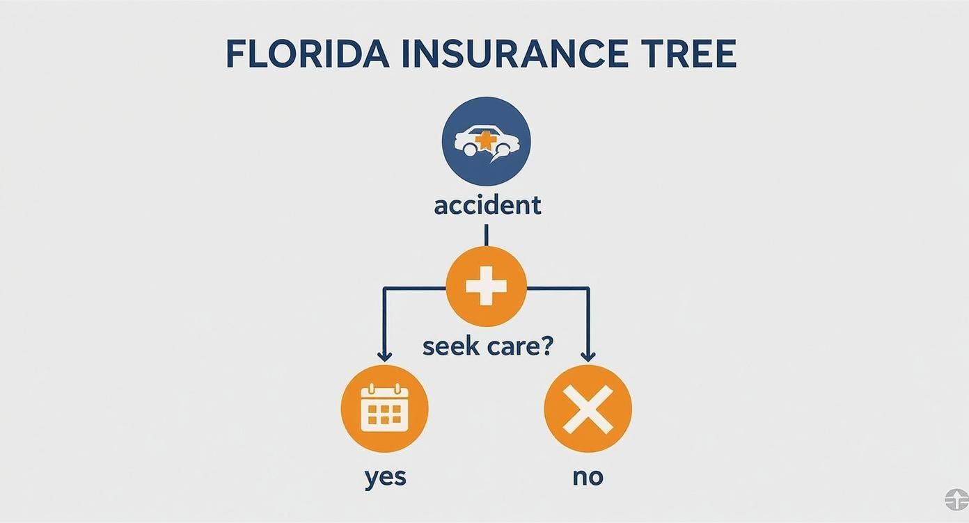Infographic decision tree showing the steps to take after an accident in Florida, from seeking medical care to deciding on legal action.