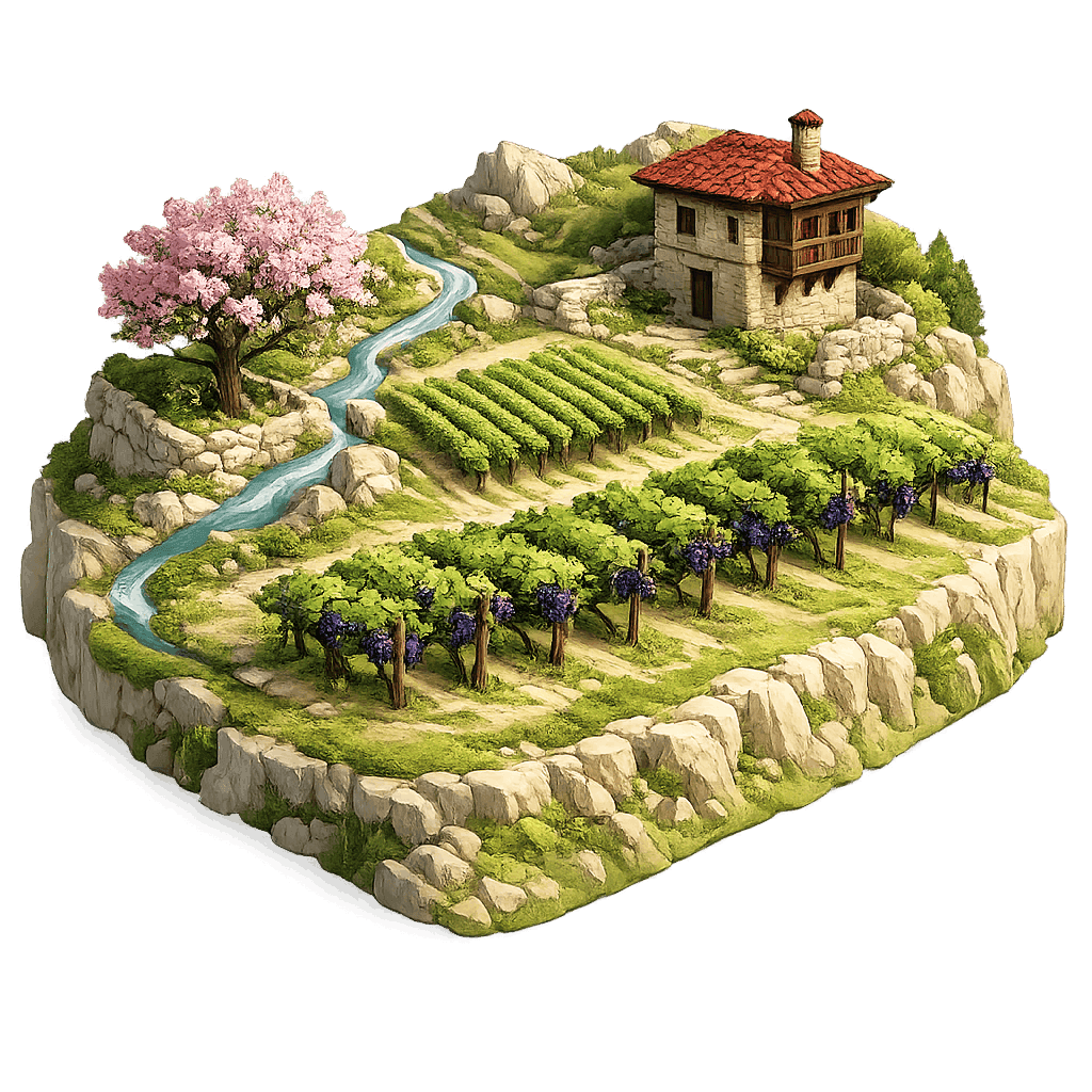 Artistic illustration of the Naoussa wine region.