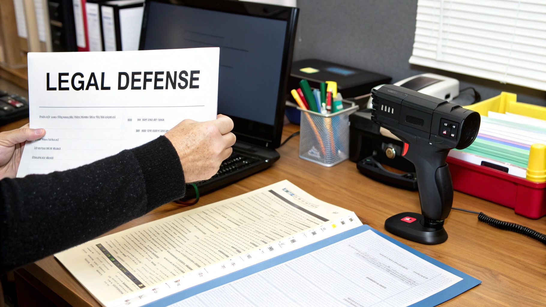 An attorney and client discussing a legal document in a professional office.