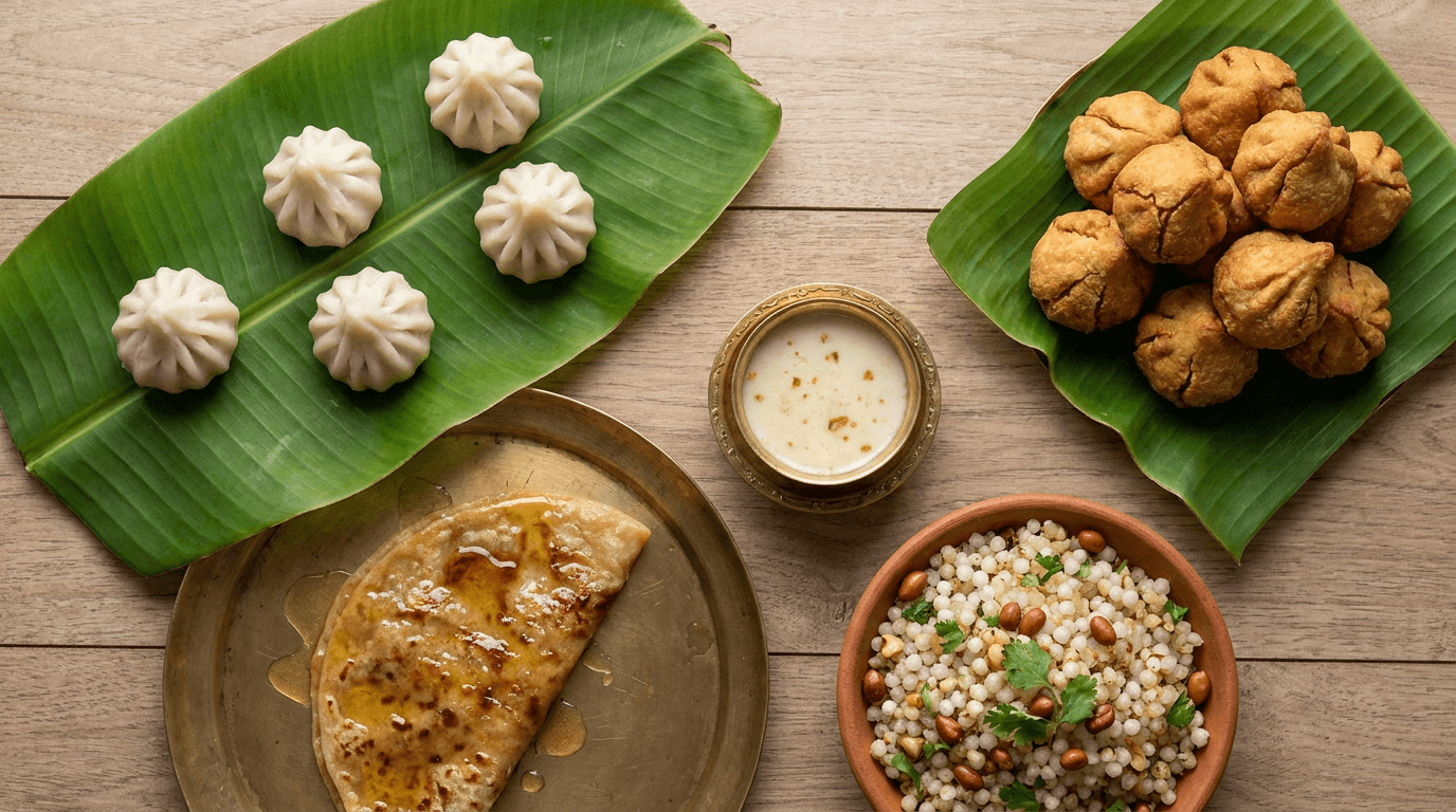 Ganesh Chaturthi recipes including modak, puran poli, and sabudana khichdi on banana leaves