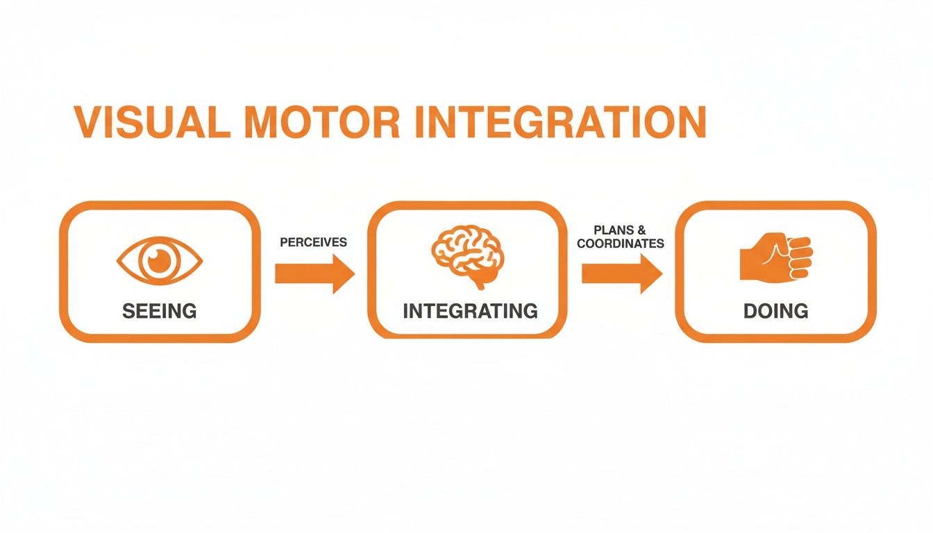 Flowchart illustrating visual motor integration: seeing, perceiving, integrating, planning, coordinating, and doing.