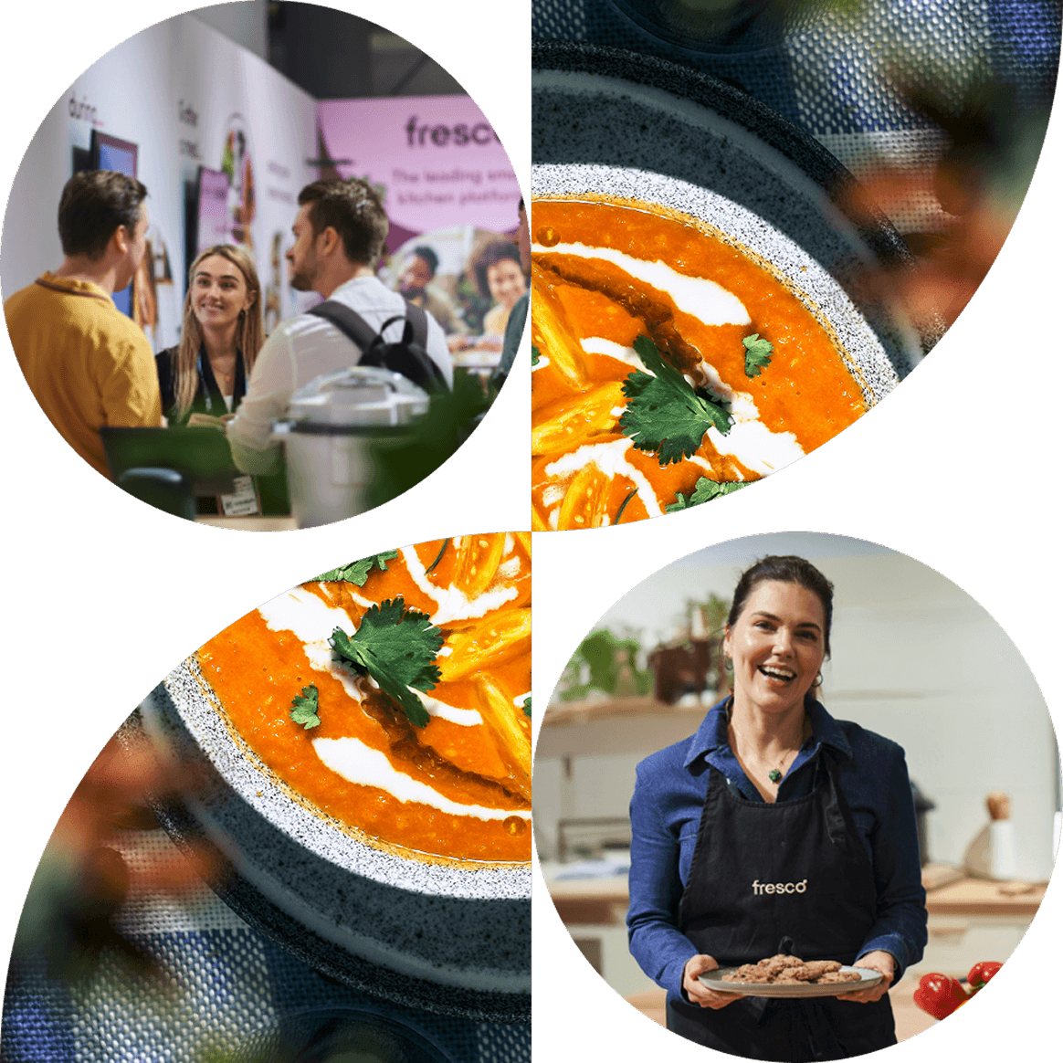 Collage shows people talking at a Fresco booth, a close up of a plated dish with sauce and herbs, and a woman in a Fresco apron holding a plate of food
