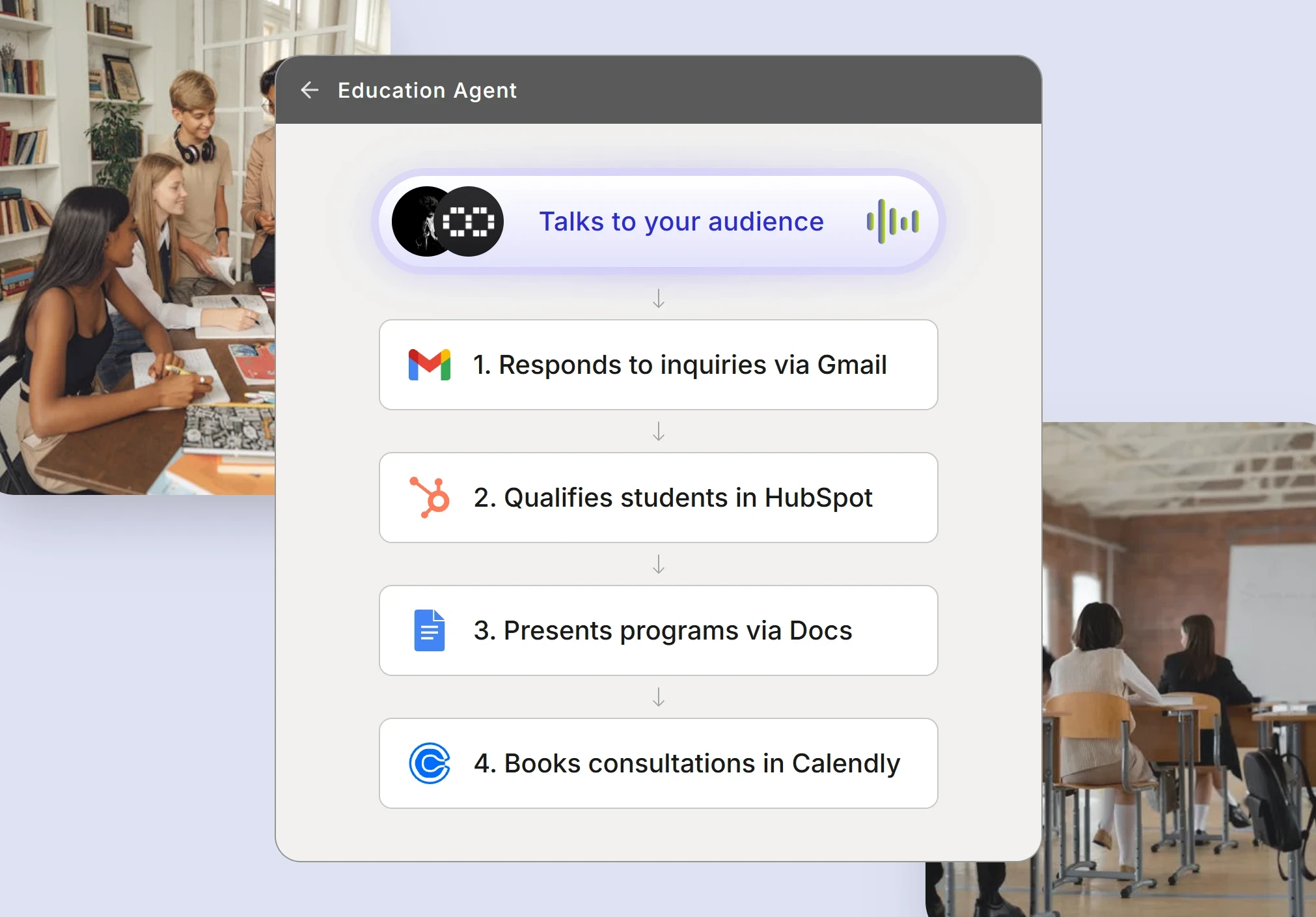 Automated education consultants workflow showing student qualification and booking