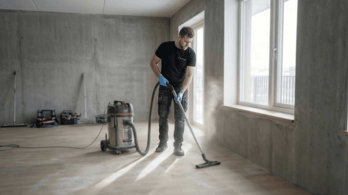 Sérhæfð þrif eftir framkvæmdir: fjarlæging á málningu af glugga með sköfu.