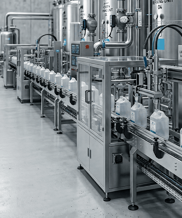 A modern house with large windows and a flat roof, surrounded by greenery against a clear blue sky.