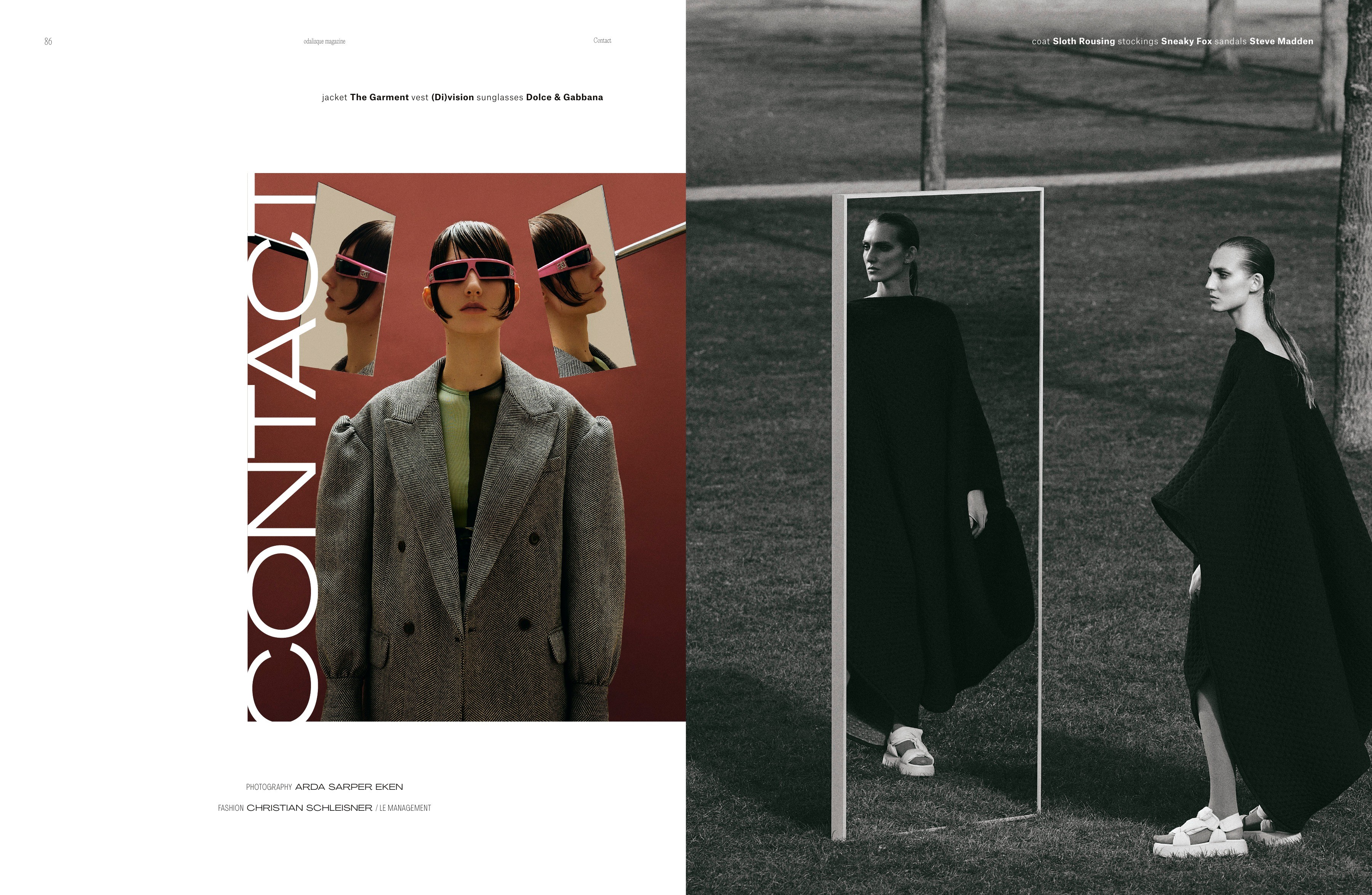 Vertical white serif lettering and fashion portraits arranged across a split-page layout.