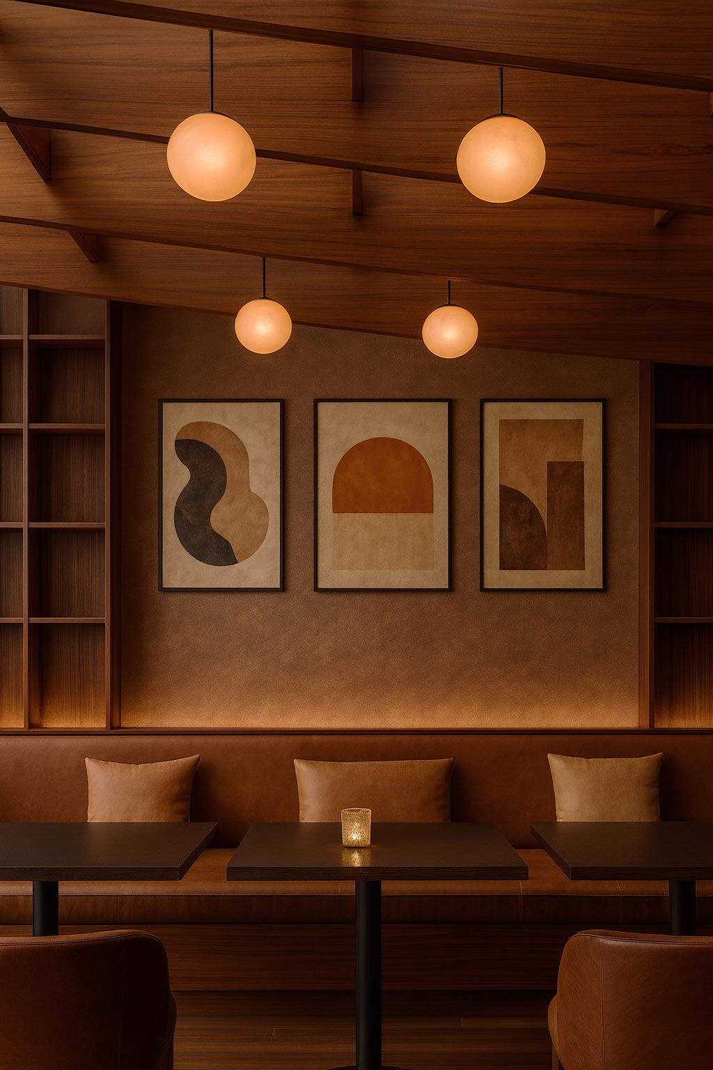 Warm-toned restaurant lounge with sculptural wooden ceiling panels, pendant lighting, caramel leather seating, and abstract wall art.