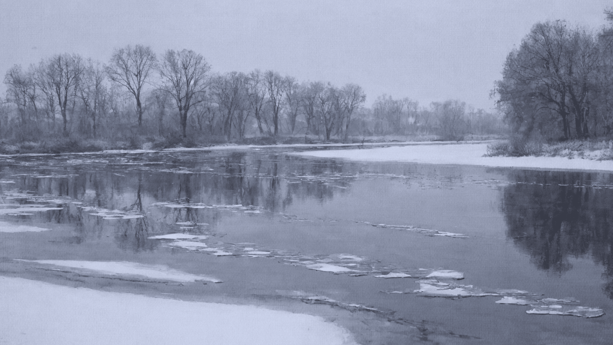 Sacred artwork by Faith and Verse. © Faith and Verse, 2026. All rights reserved. Fulda River in February, still and partially frozen under a pale winter sky, evoking the silent passing of Saint Rabanus Maurus.