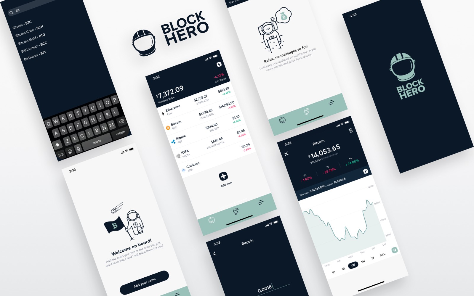 BlockHero mobile app showing portfolio balance and Bitcoin details screen