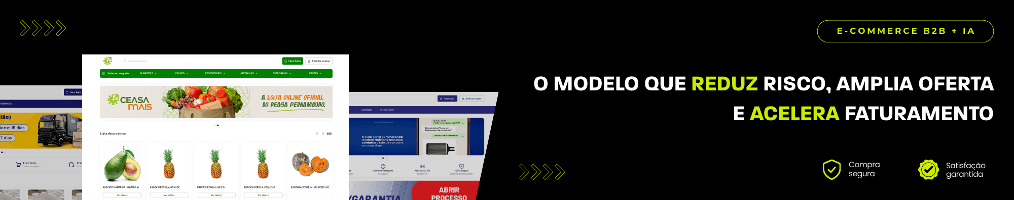 Banner horizontal com fundo escuro, ícones de segurança e satisfação, e imagens de lojas B2B exibidas à esquerda. Elementos gráficos em verde destacam o tema de e-commerce B2B com IA.