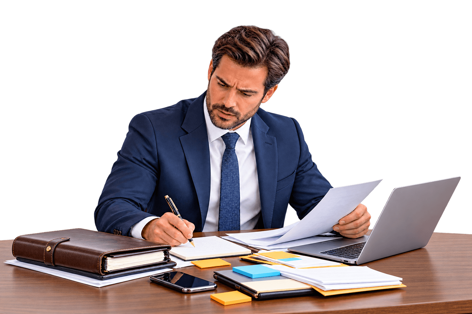 A lawyer trying to organize scattered notes at his desk