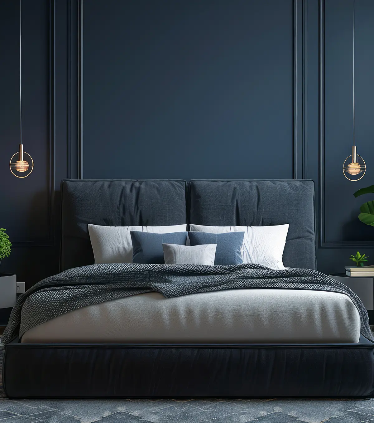 Elegant modern bedroom featuring a deep blue paneled wall, plush upholstered bed, layered pillows, and warm pendant lighting.