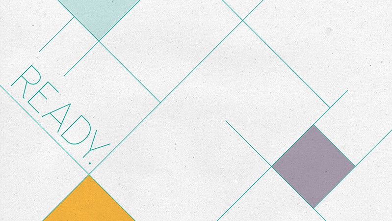 A white picture with cyan lines, orange, cyan and gray cubes and the text READY.