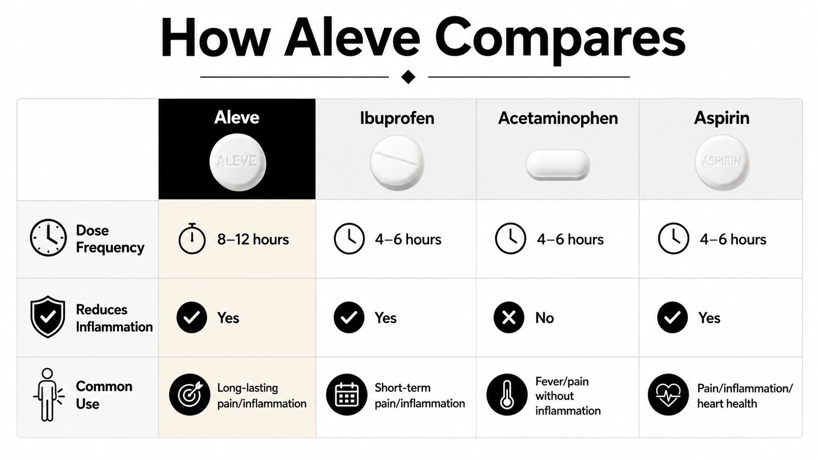 A comparison chart showing Aleve's dosage, inflammation reduction, and usage compared to ibuprofen, acetaminophen, and aspirin.