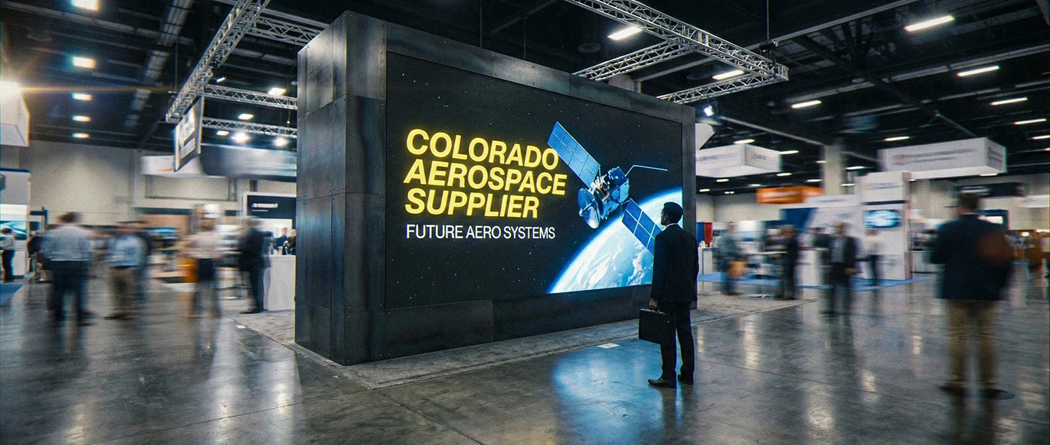 High-impact trade show booth display featuring 3D animation and kinetic typography at the Space Symposium in Colorado Springs.