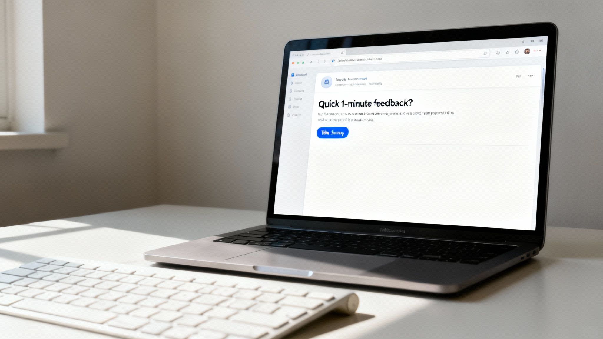 A modern laptop on a white desk displays an email asking for quick 1-minute feedback for a survey.