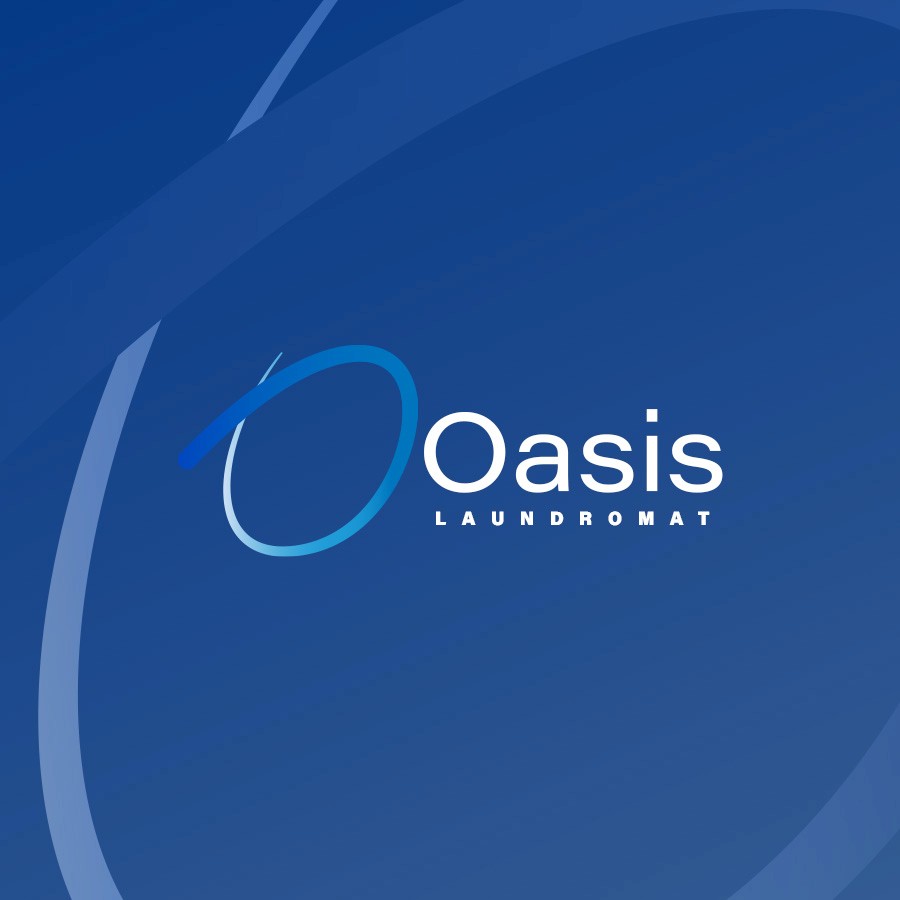 Bubbly brand identity for Oasis Laundromat featuring playful mascot and signage Community laundromat flyer and store visuals designed for Oasis Laundromat
