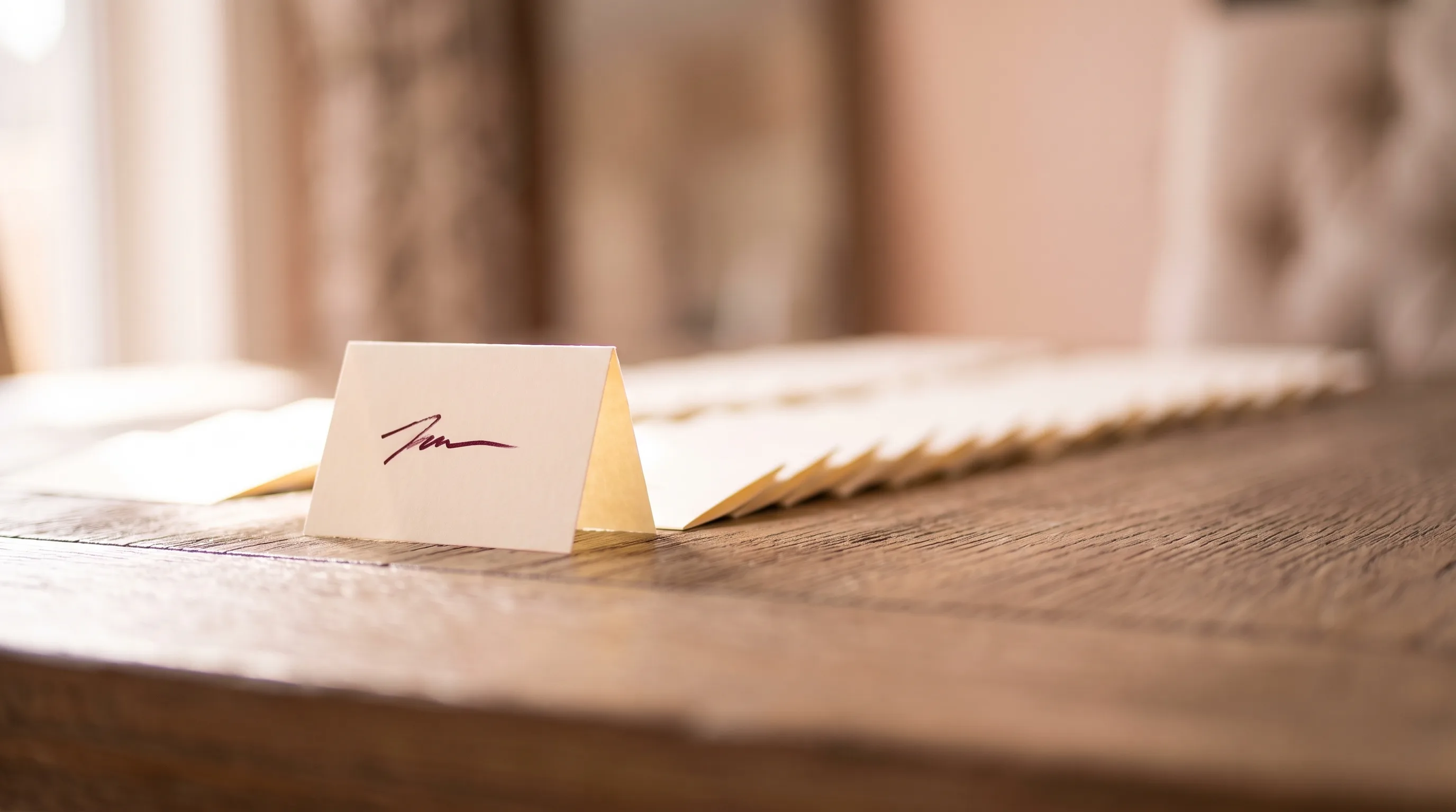 One name card standing upright and in focus, with a long row of identical cards lying flat and blurred behind it