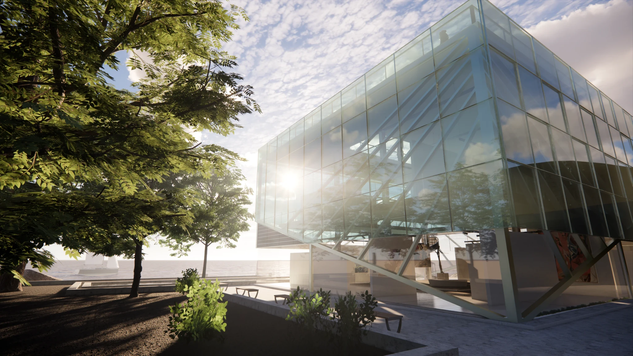 A glass squared building reflecting sun with the sea at the horizon