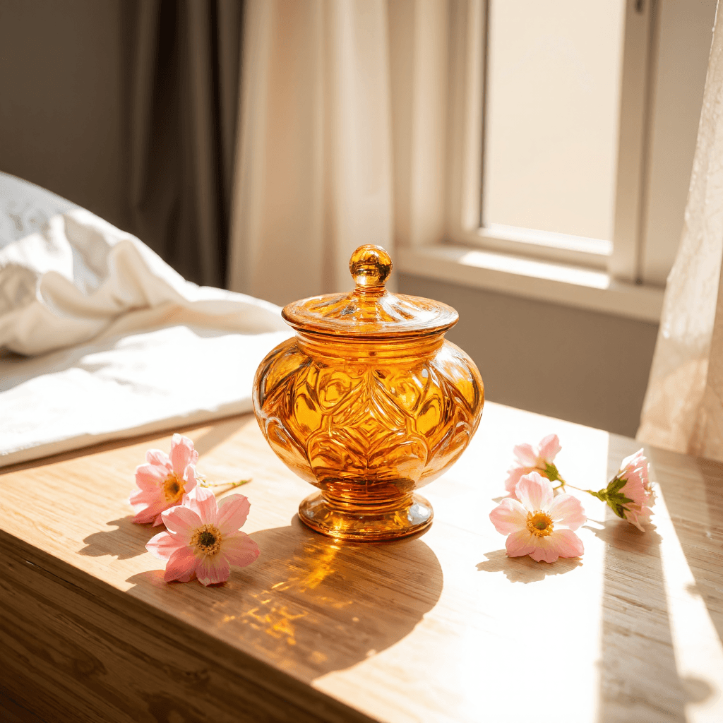 product photography of a decorative glass container with a lid, used for storage or display