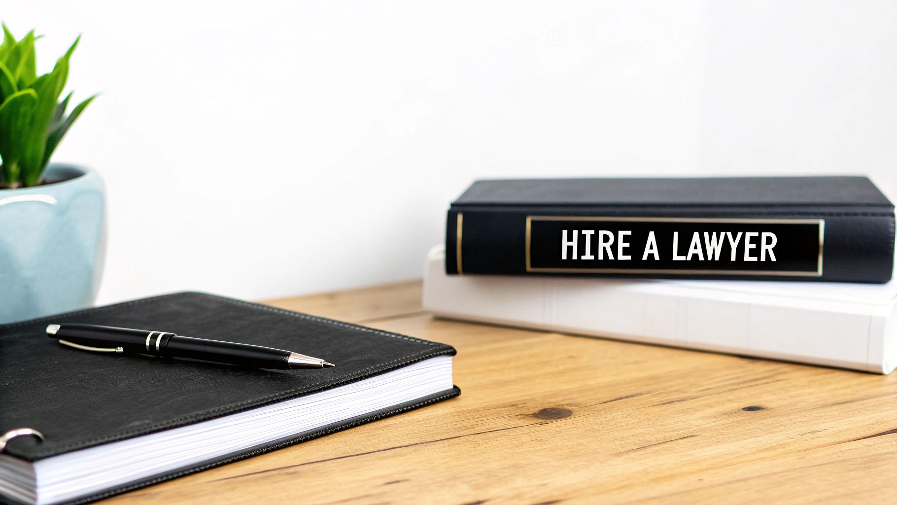 A desk setup with a green plant, a black notebook with a pen, and two books, one labeled 'HIRE A LAWYER'.