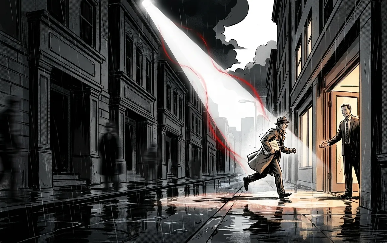 Man runs into office, escaping storm; RockN' Socials Digital Marketing Agency.
