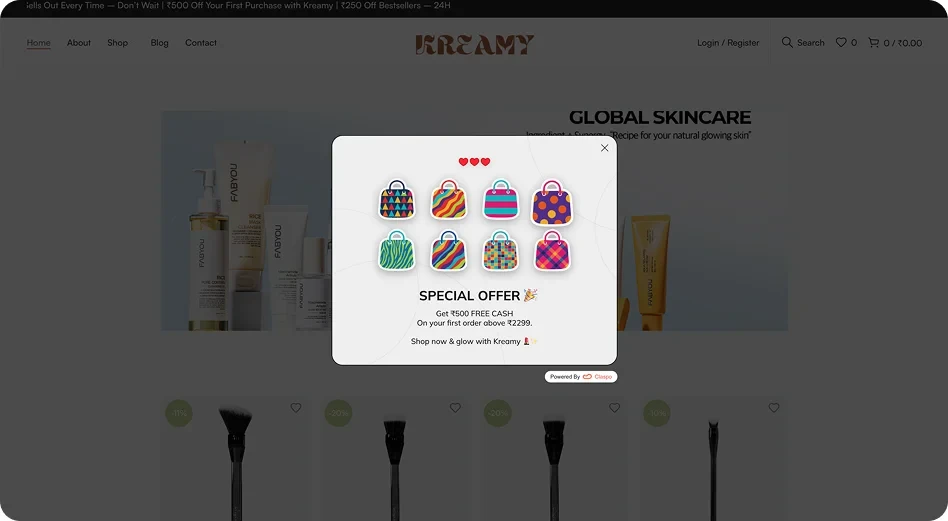 Gamified memory card exit-intent popup example for the KREAMY skincare brand, offering a special discount to increase dwell time and conversion rates