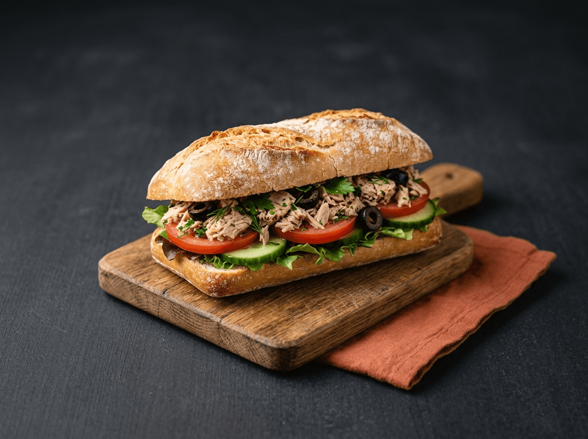 Mini baguette with tuna, tomato, cucumber, black olives, lettuce, herbs and lemon dressing