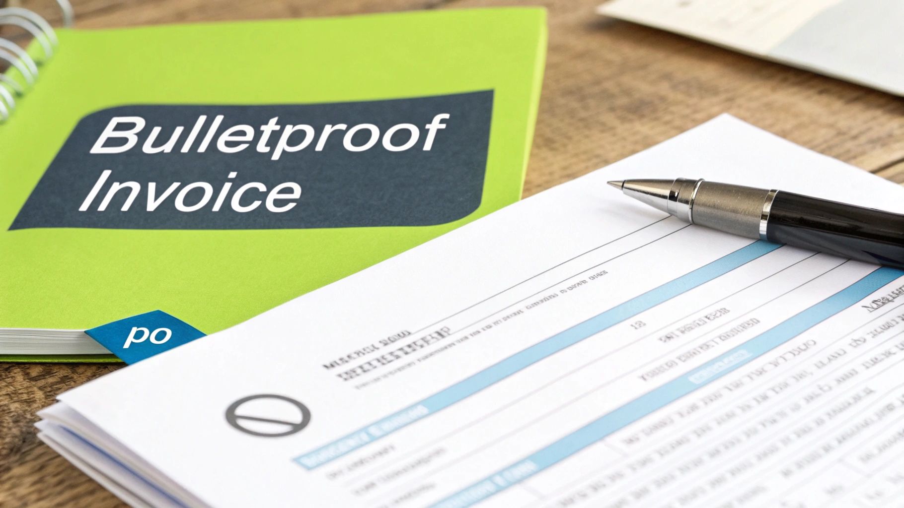 A green spiral notebook with 'Bulletproof Invoice' on its cover, next to a pen and financial documents.