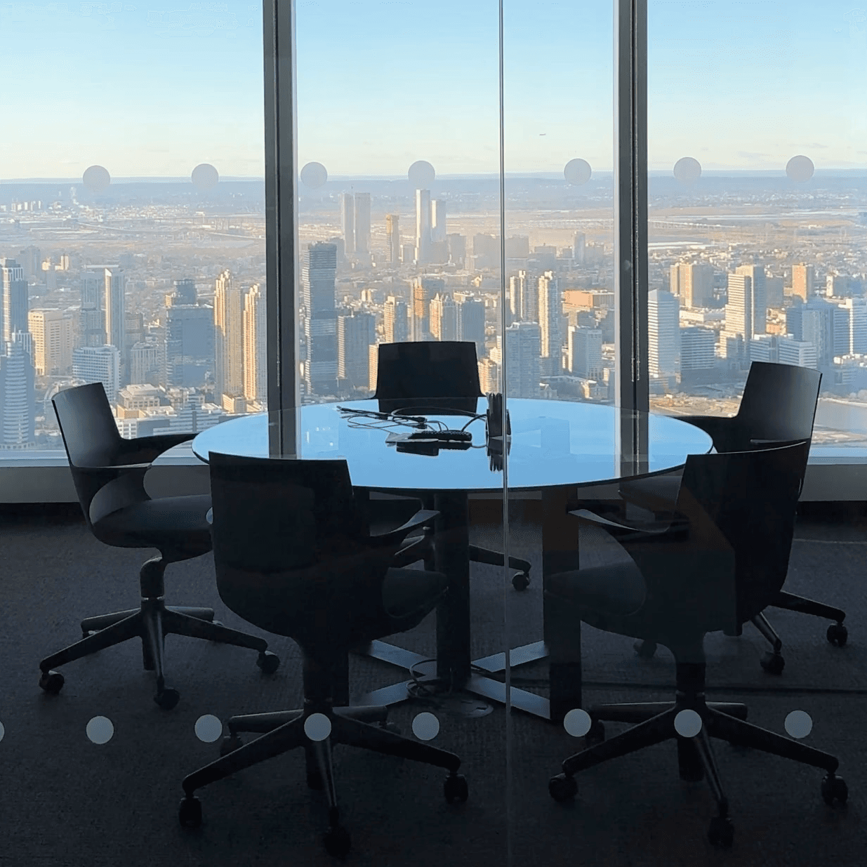 Conference room with city skyline in the background