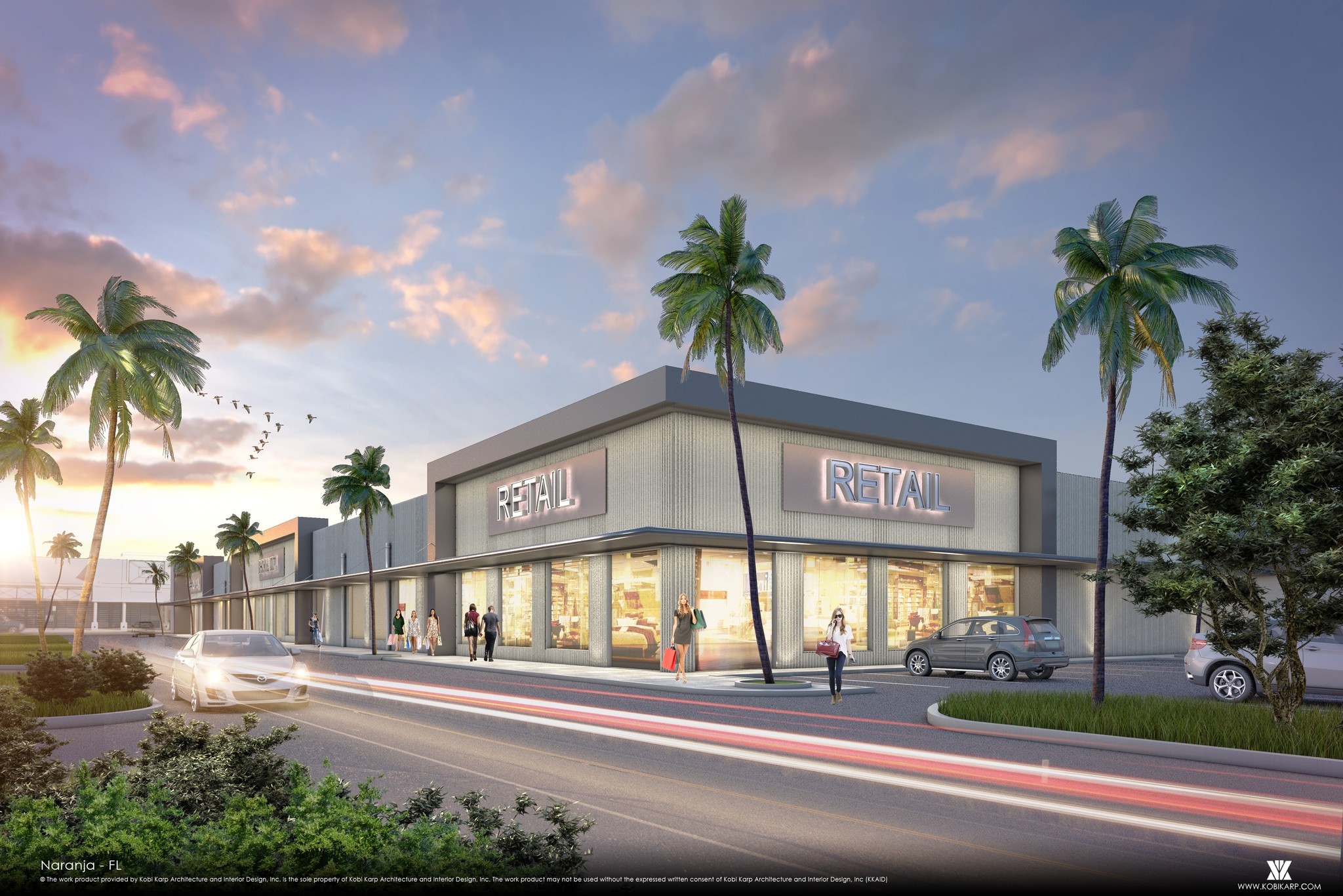 A modern retail building at sunset, surrounded by palm trees and illuminated store windows. Cars and pedestrians are visible, creating a lively atmosphere.s