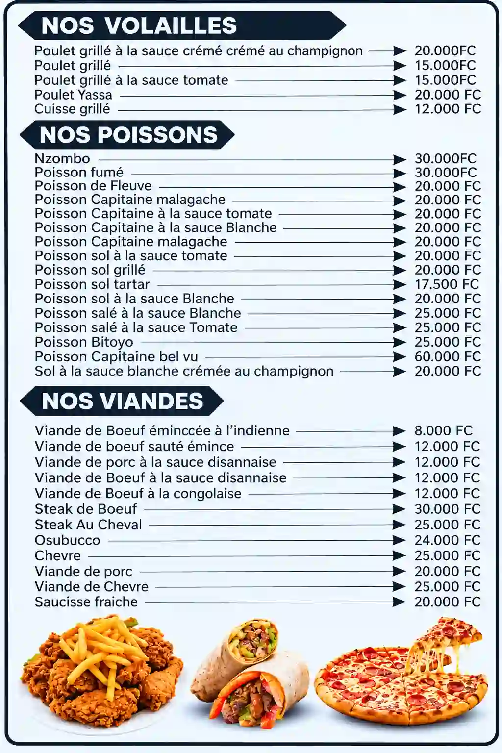 Page du menu présentant les volailles, les poissons et les viandes.