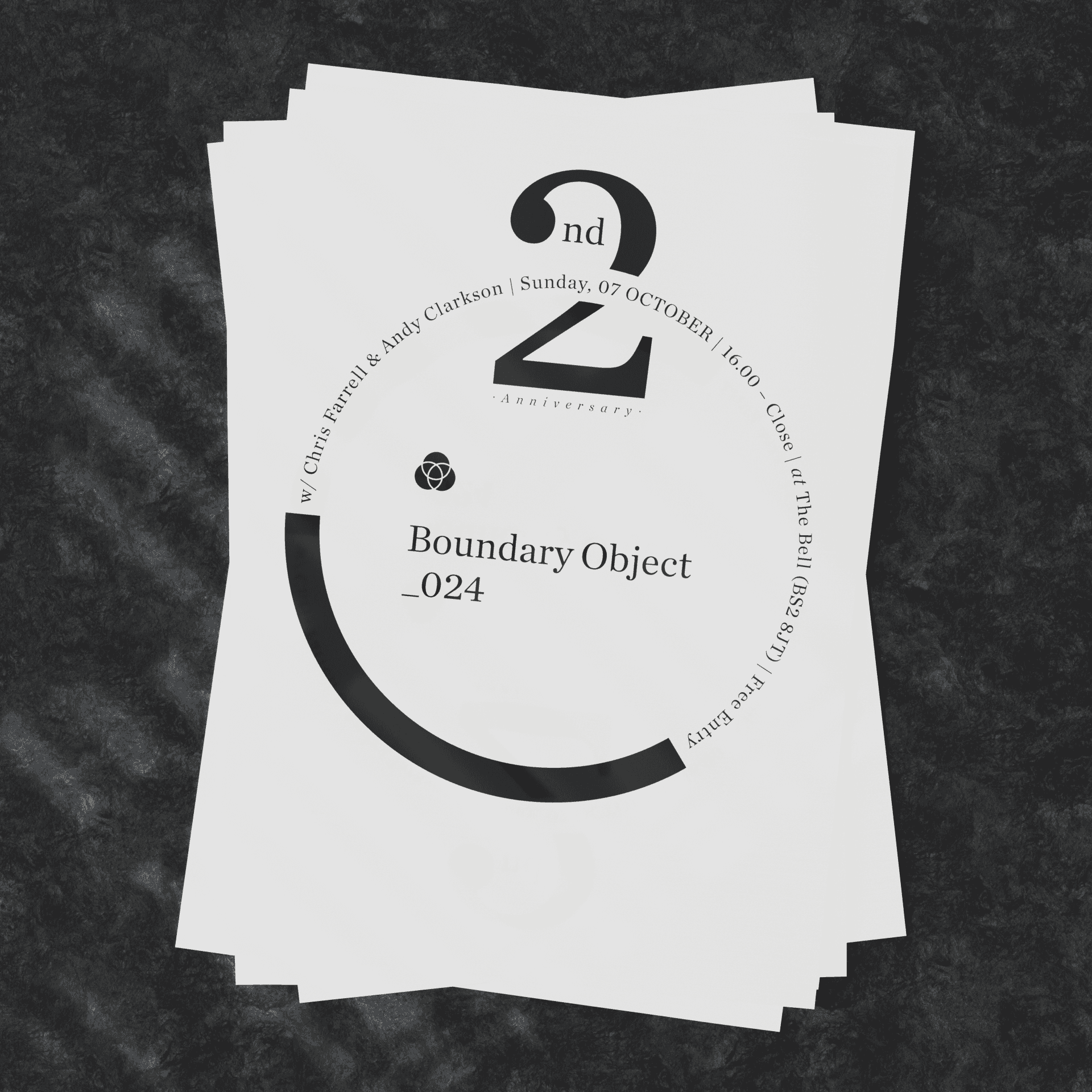 A3 music event poster for Boundary Object 24 with Chris Farrell and Andy Clarkson at The Bell pub Bristol