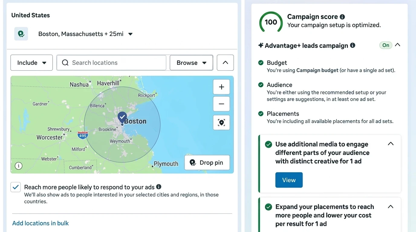 Meta Ads campaign setup showing geo-targeting around Boston