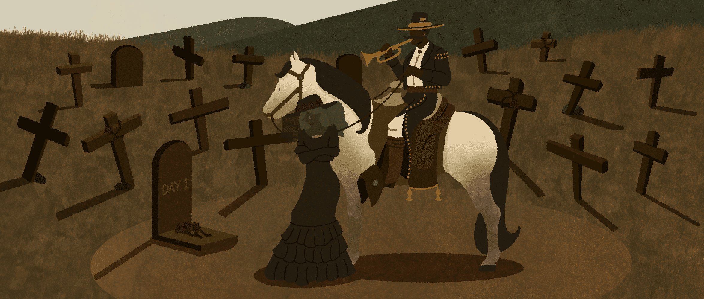 Illustration of a woman visiting an old grave with her partner sitting atop a white horse and playing a trumpet.