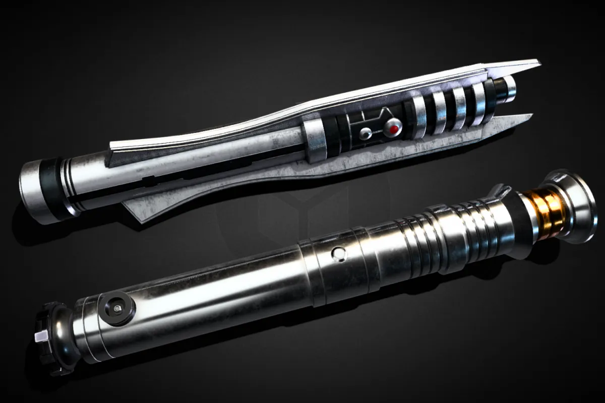 A detailed image of Darth Revan’s two iconic lightsaber hilts. The top hilt features an angular, intricate design with black accents and red activation buttons, symbolizing Revan’s time as a Sith Lord. The bottom hilt is sleek and metallic with golden accents, representing Revan’s journey toward redemption and mastery of both the light and dark sides of the Force.