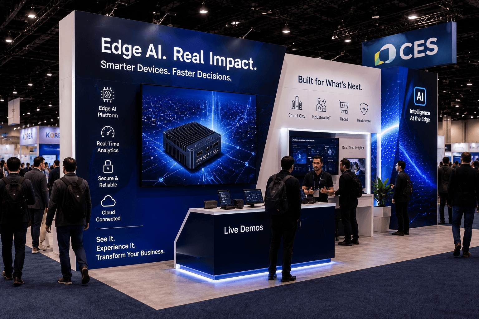 CES booth graphics with aisle-facing product message hierarchy, screen-based product demo, demo counter, and fast visitor decision flow