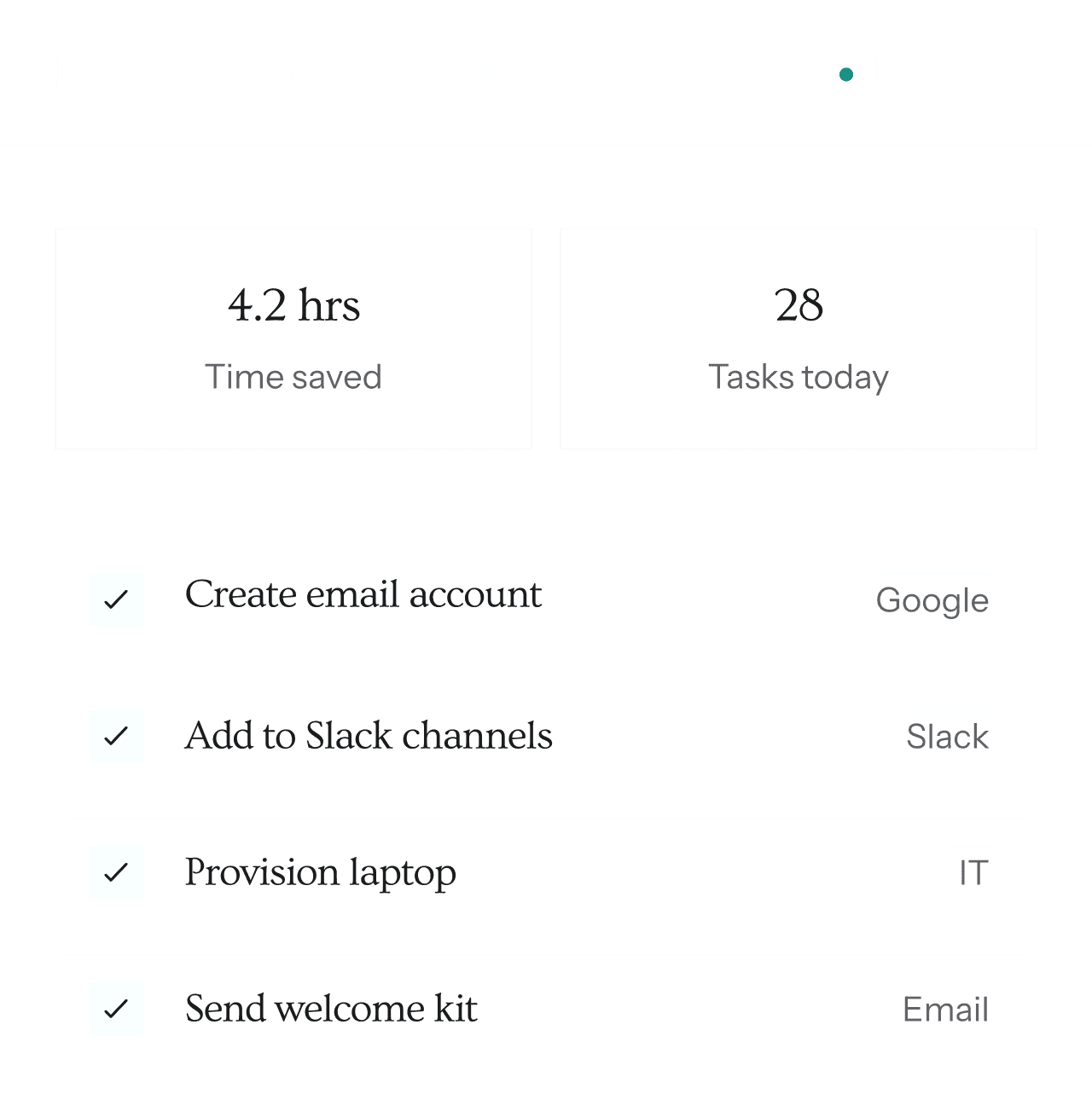AI automation dashboard showing onboarding workflows, task automation, and productivity tracking in a clean UI.