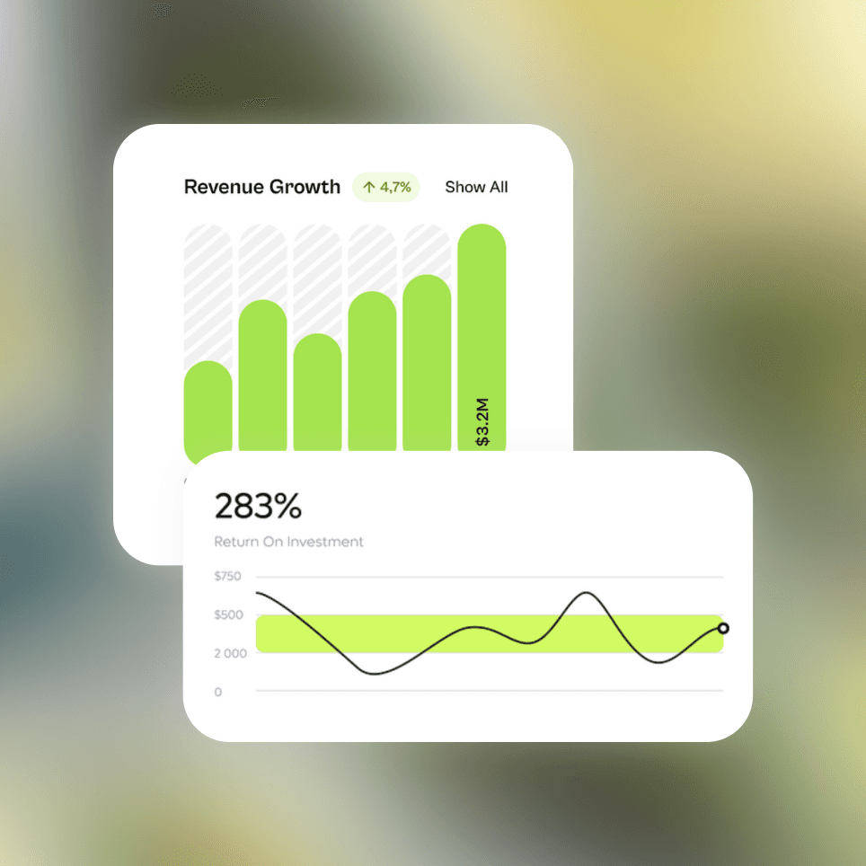 Green glass-metallic background with statistic cards