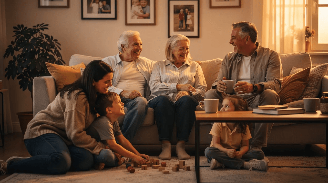 A multigenerational family is gathered in a cozy living room, smiling and engaging in conversation, reflecting their strong bonds and shared values. This scene highlights the importance of discussing financial goals and legacy planning for the suddenly wealthy, ensuring that loved ones are prepared for future financial security and inheritance decisions.
