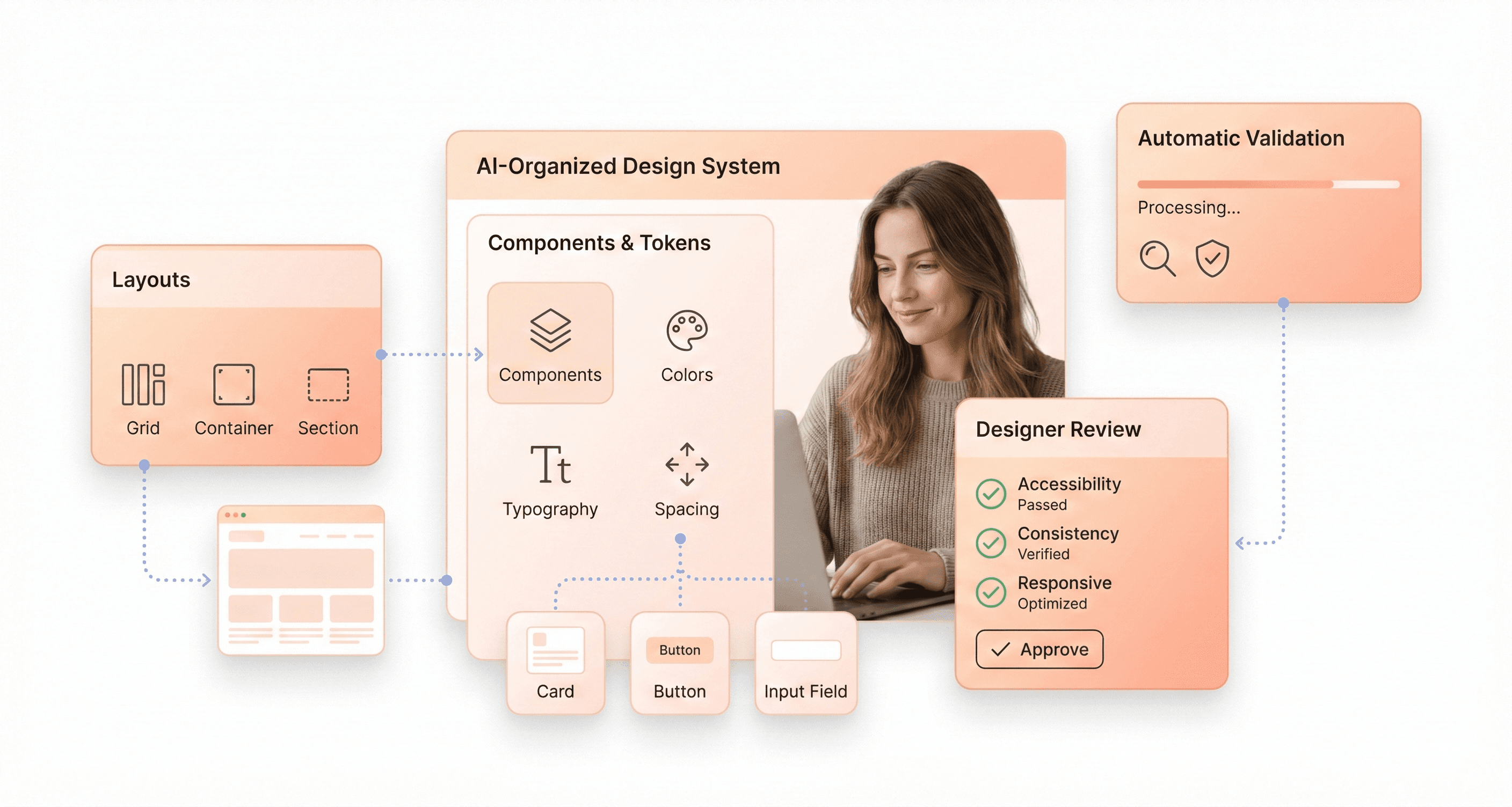 AI design assistants generating scalable design systems and UI components to reduce SaaS product design time.