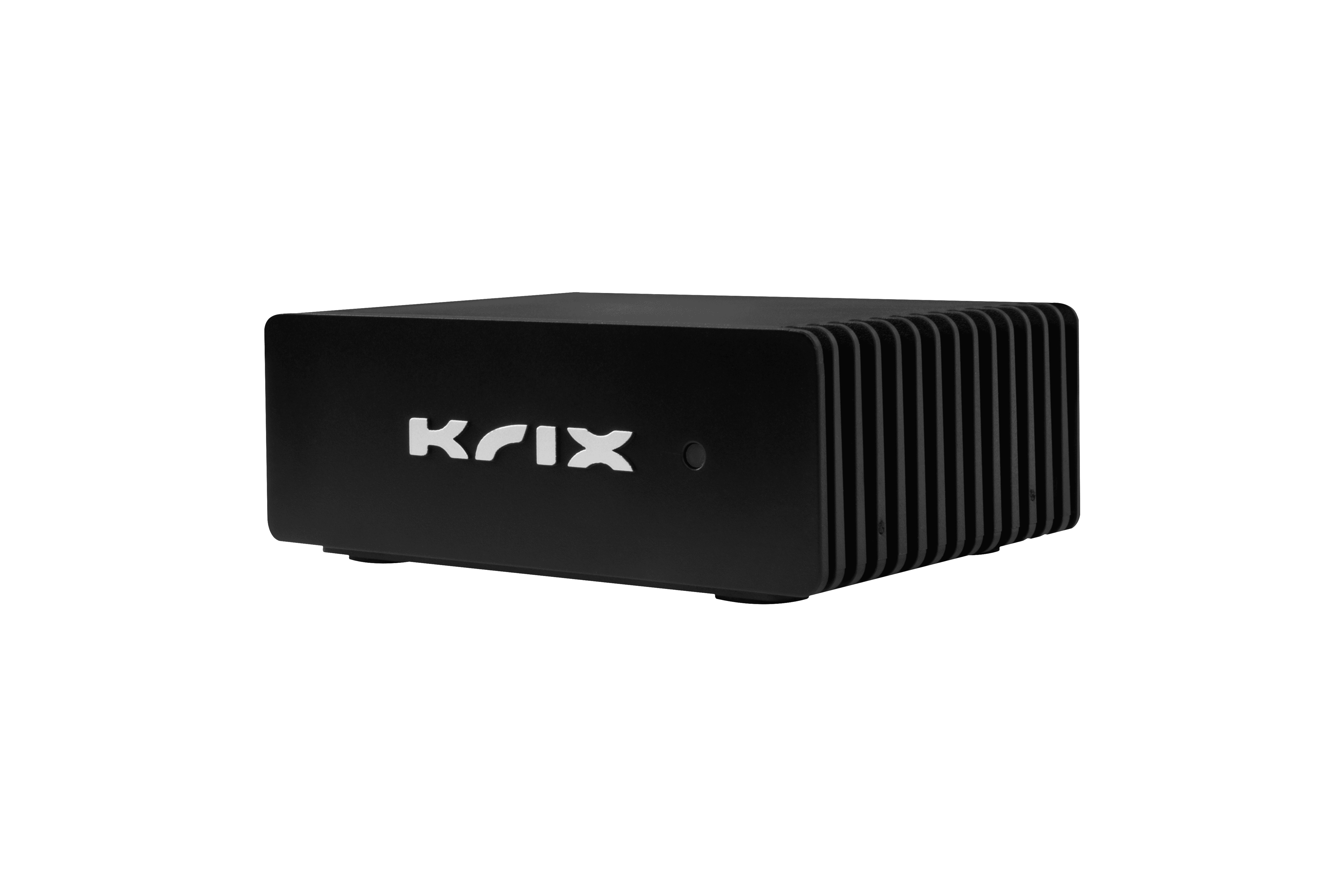 Black Krix audio component with ribbed side heatsinks