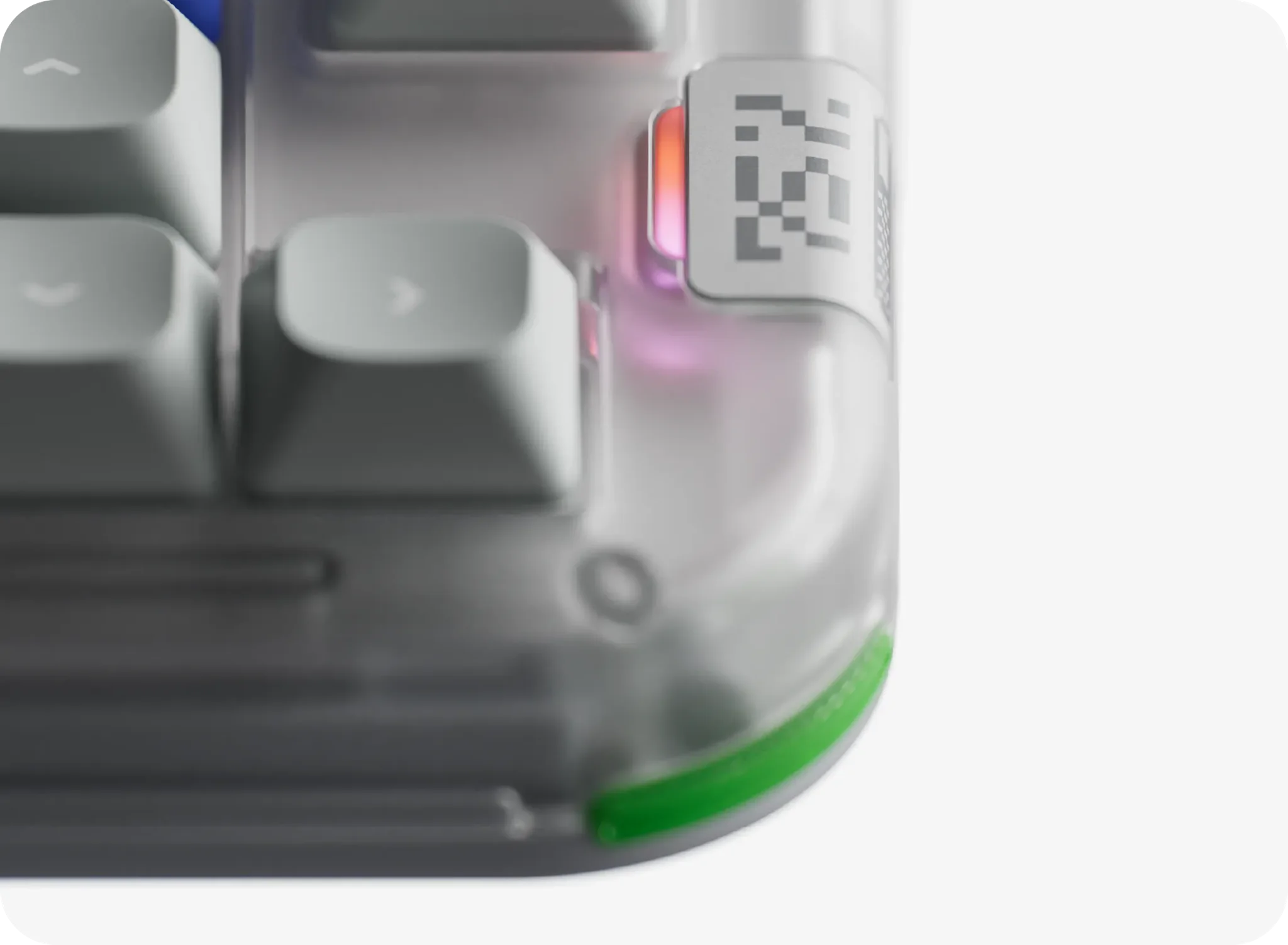 Close-up view of bottom corner of mechanical keyboard