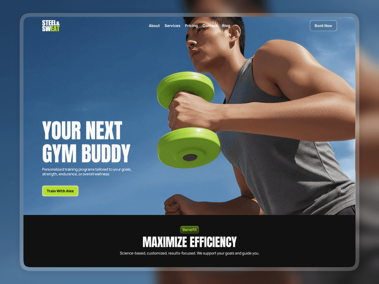 A muscular individual is exercising outdoors, holding vibrant green dumbbells against a clear blue sky, featured prominently on a sleek fitness website template titled “Your Next Gym Buddy” to promote personalized training programs.