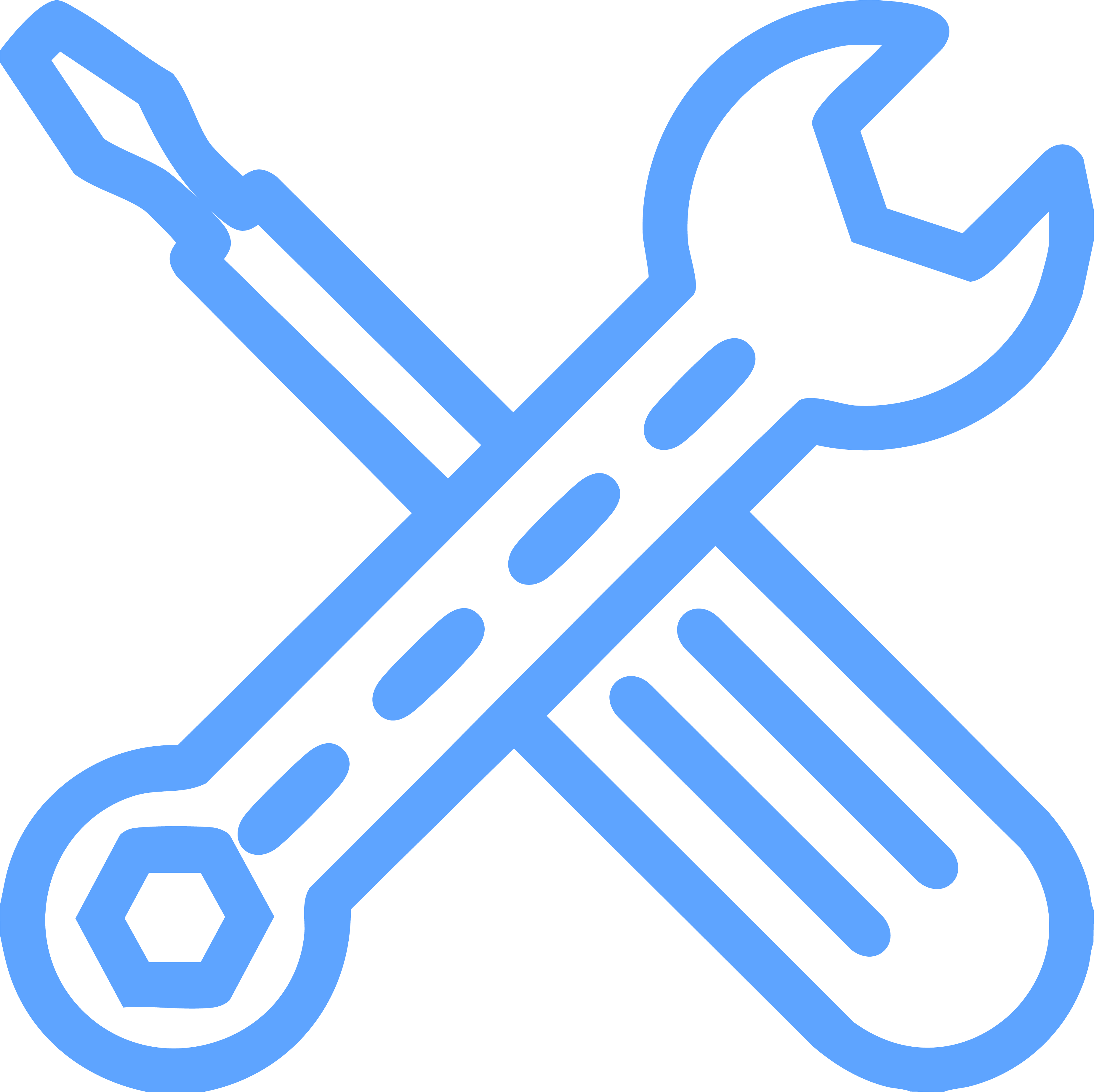 Blue line icon of a crossed wrench and screwdriver tool set.