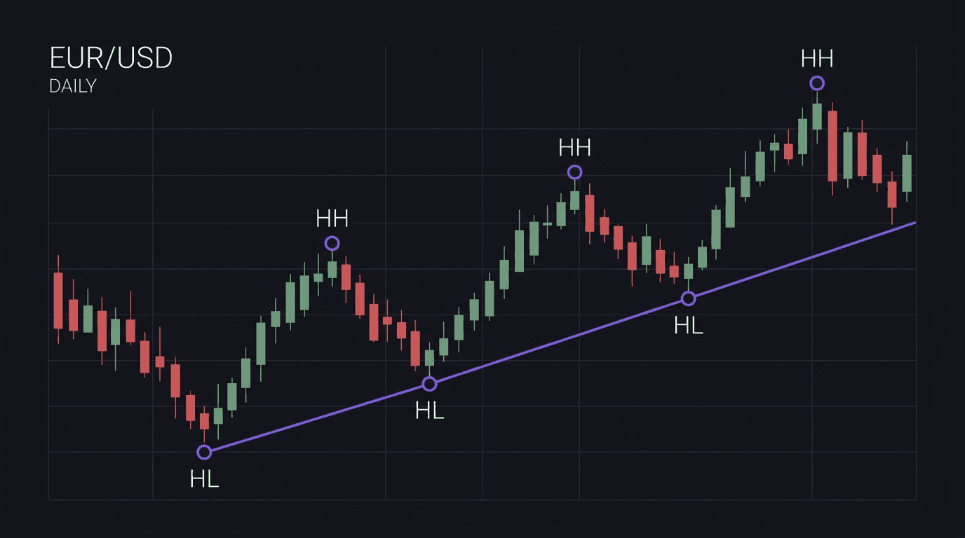 EUR/USD daily chart showing bullish market structure with higher highs and higher lows labeled and a trend direction arrow