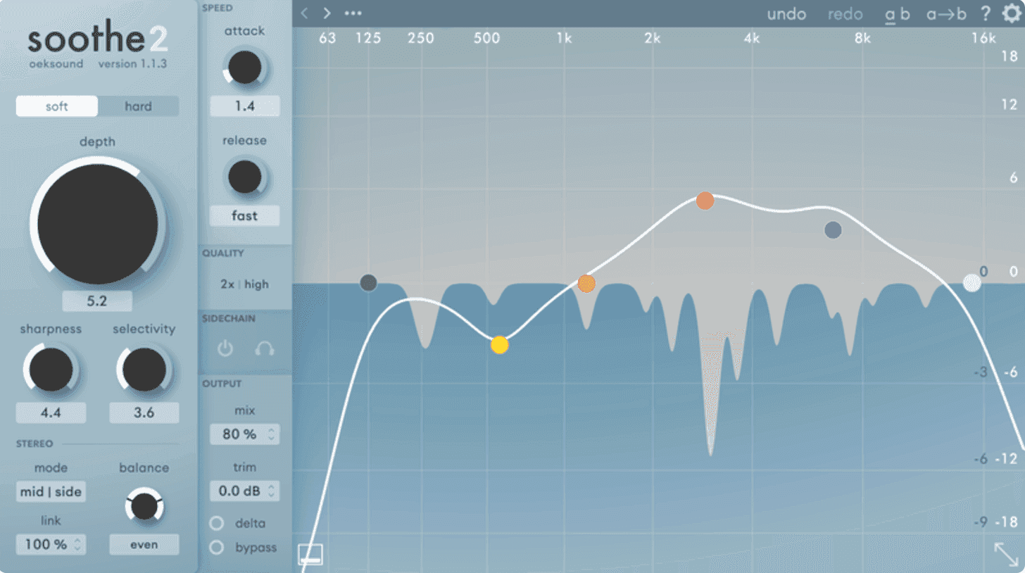 Overlay of Oeksound's Soothe2 plugin