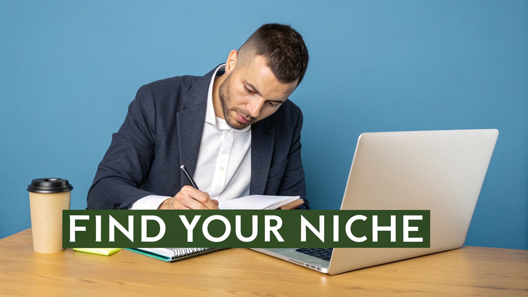Professional businessman writing notes at desk with laptop and coffee finding career niche