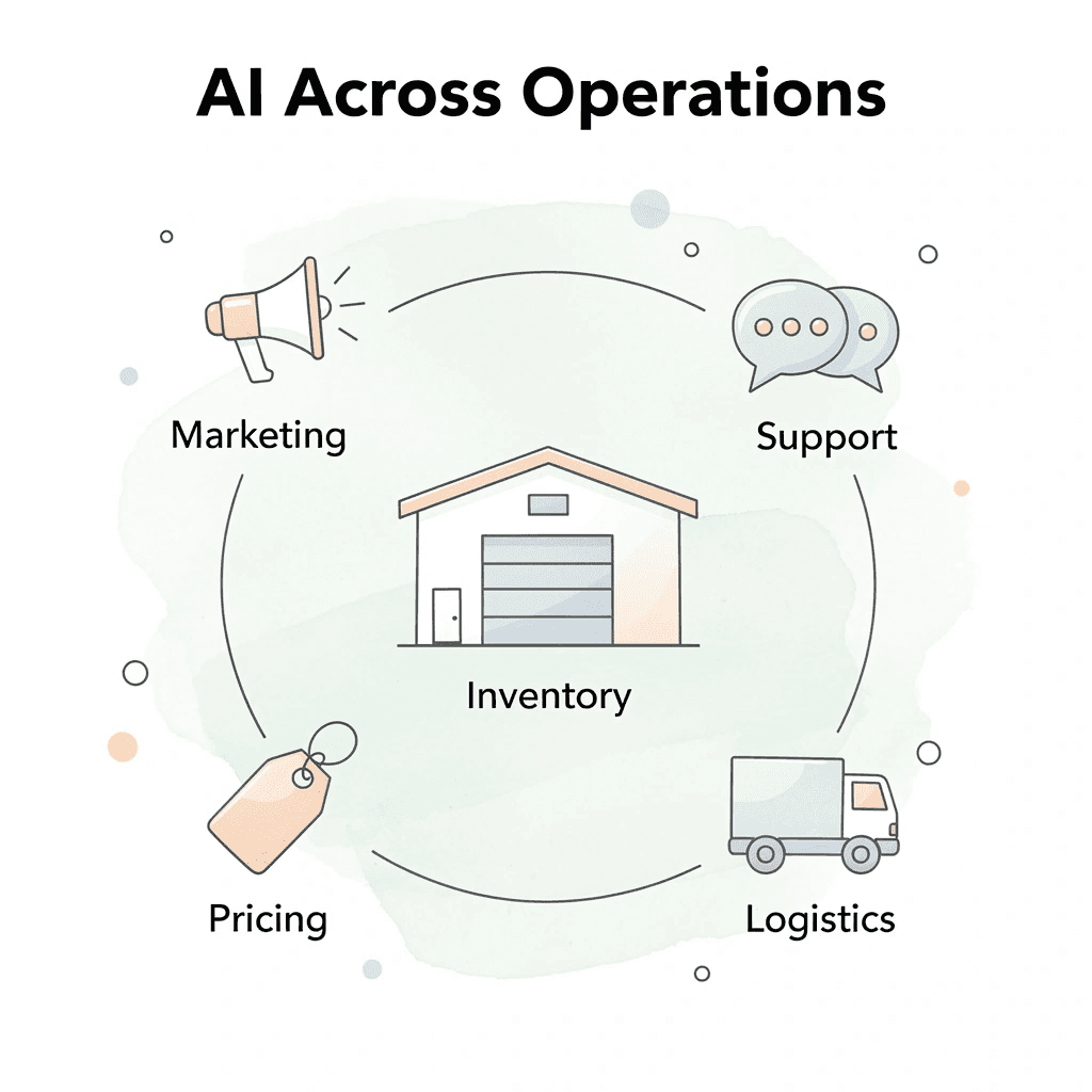 Hub and spoke infographic showing AI at the center of five ecommerce operations