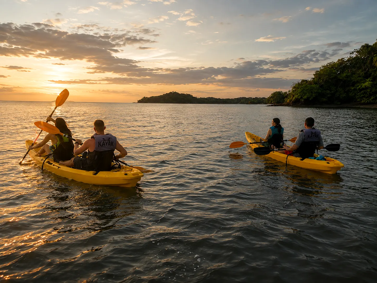 Two yellow tandem kayaks on calm water at sunset, the start of the bioluminescence kayak tour